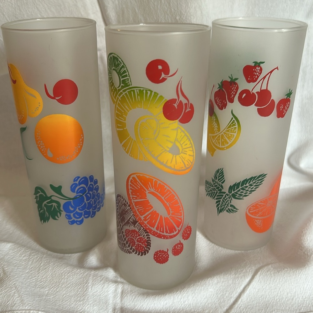 Three Vintage Federal Glass MCM Frosted Fruit 🍍🍒 Design Tom Collins Tumblers 🍊